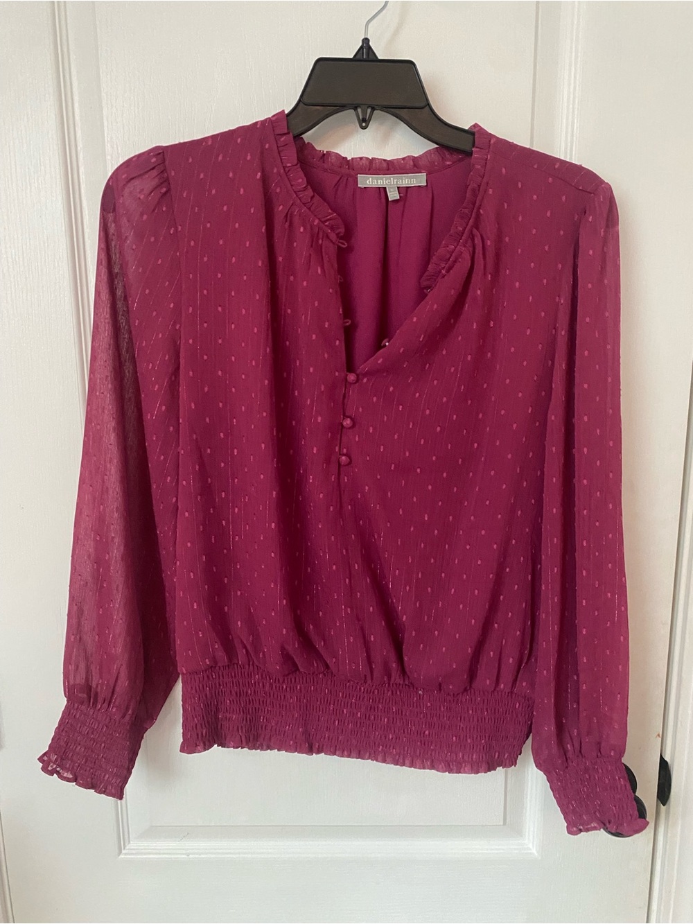 Daniel Rainn Plum Ruffle-Trim Smocked Hem Blouse